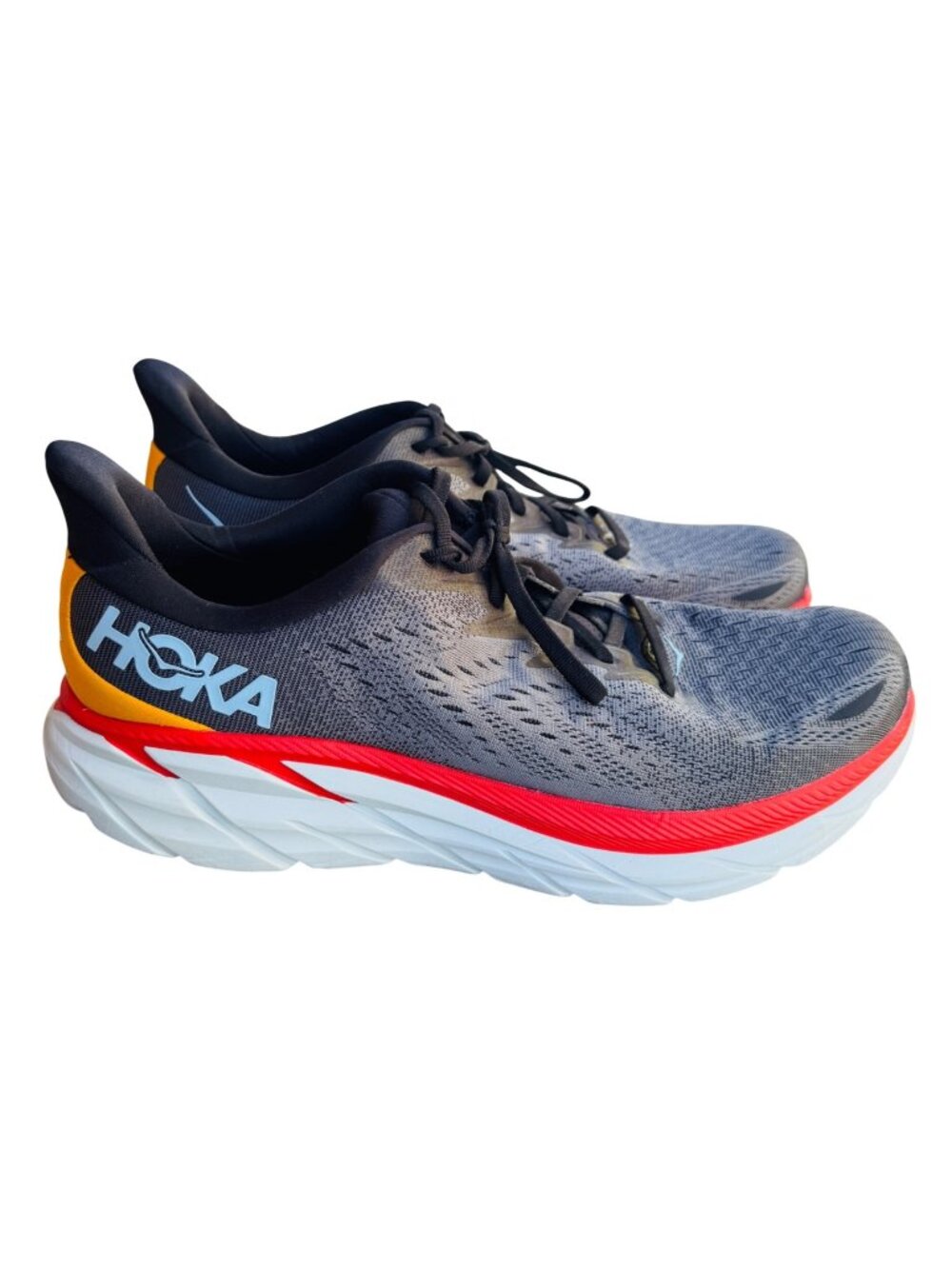 Hoka One Clifton 8 Gray Red Men Running Shoes Size 12 D Athletic Sneakers Wide